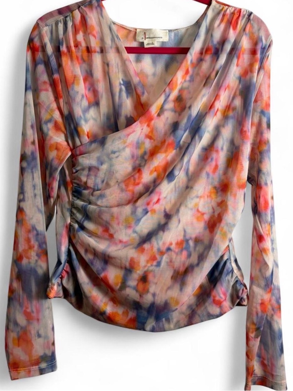 Anthropologie Abstract Watercolor Draped Ruched Long Sleeve Top